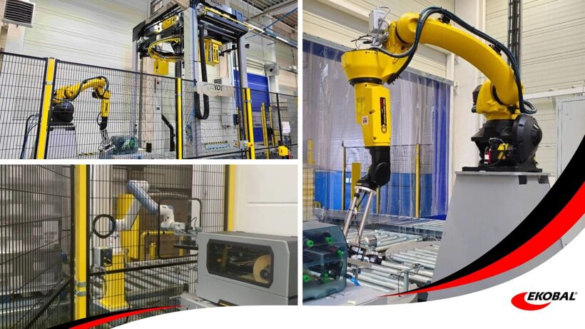 Robotická pracoviště Ekobal: robot u ovíjecího stroje, kobot u tiskárny etiket a průmyslový robot nad dopravníkem
